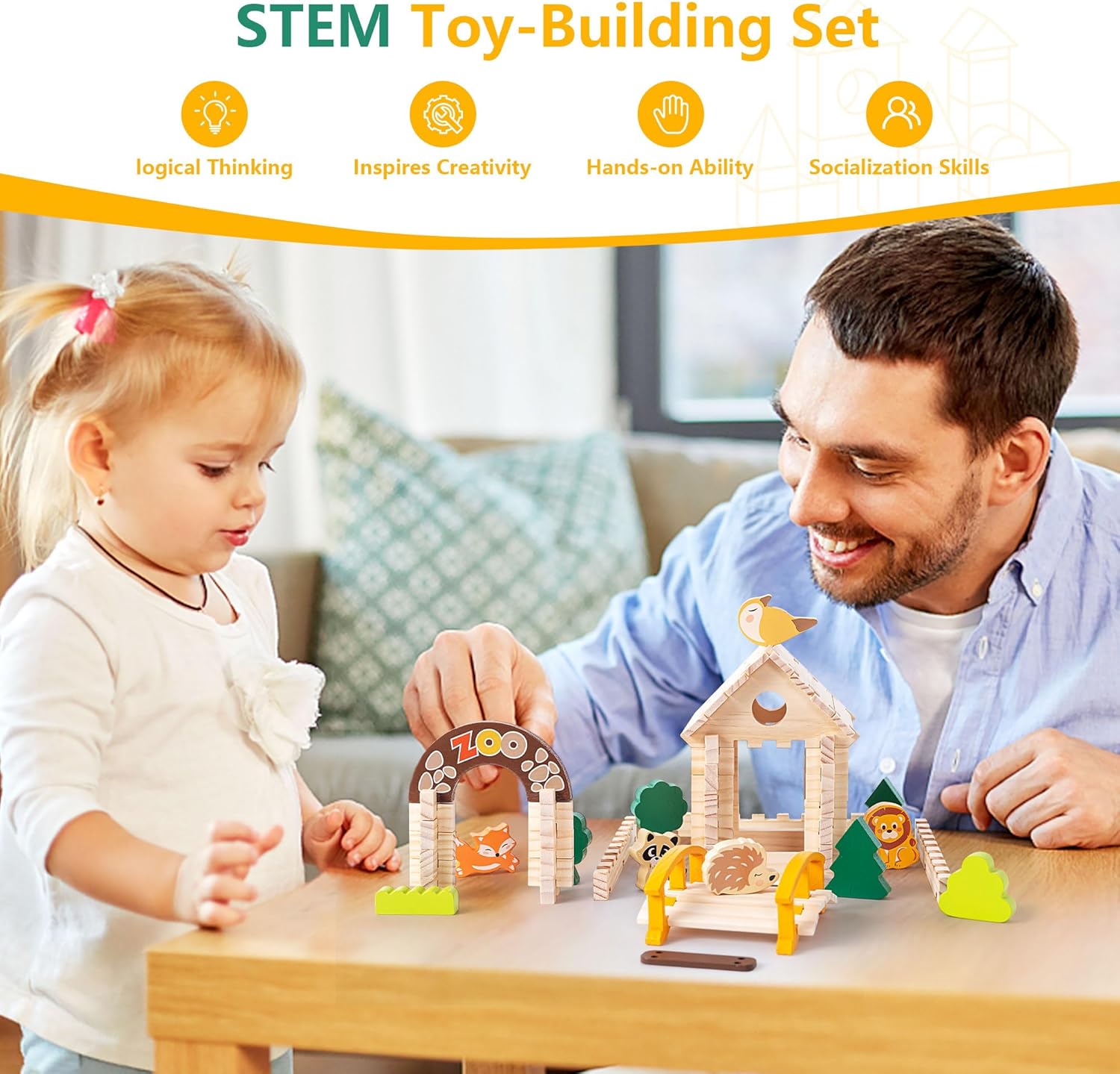 Miosea 168 Pcs Wooden Blocks Toys with Grass and Small Animals