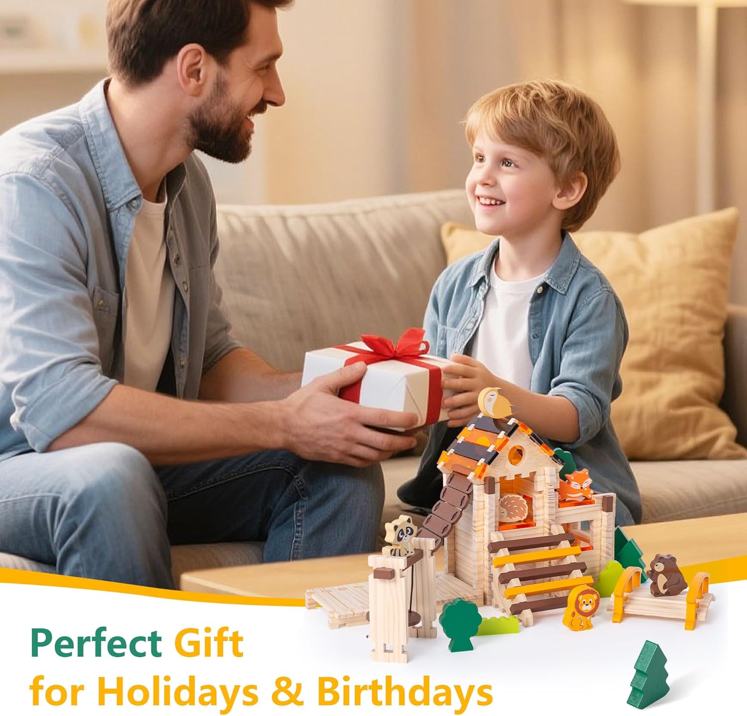 Miosea 168 Pcs Wooden Blocks Toys with Grass and Small Animals