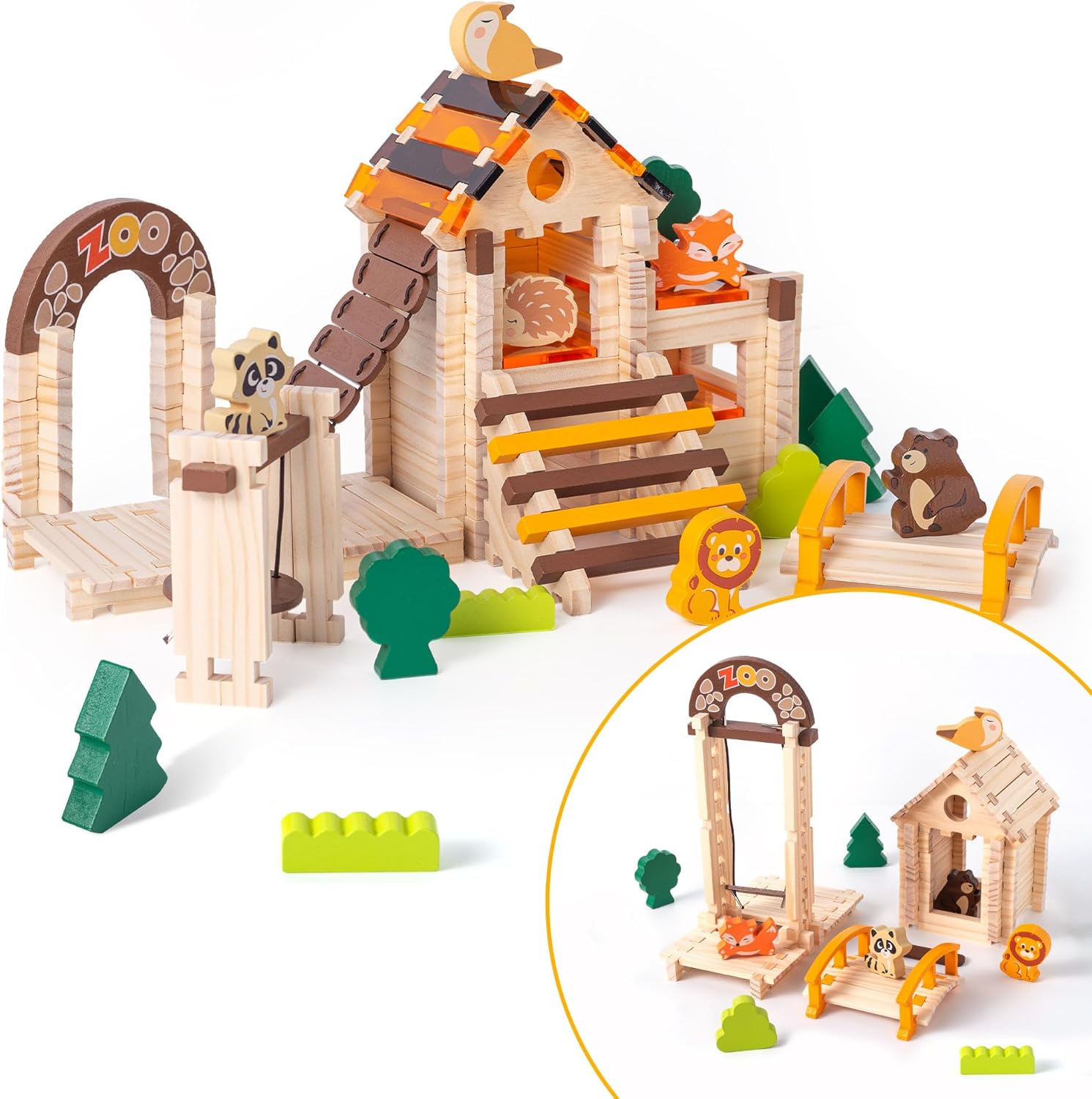 Miosea 168 Pcs Wooden Blocks Toys with Grass and Small Animals