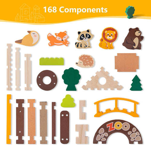 Miosea 168 Pcs Wooden Blocks Toys with Grass and Small Animals