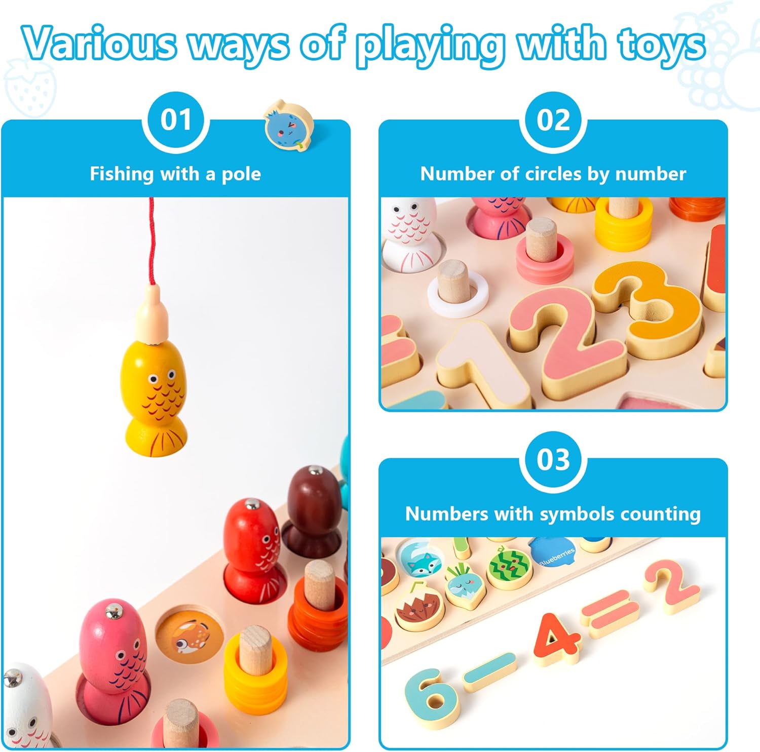 Miosea Learning Toys for Kids Includes Wooden Magnetic Fishing Game Shape Sorter Shapes Puzzle Counting Math