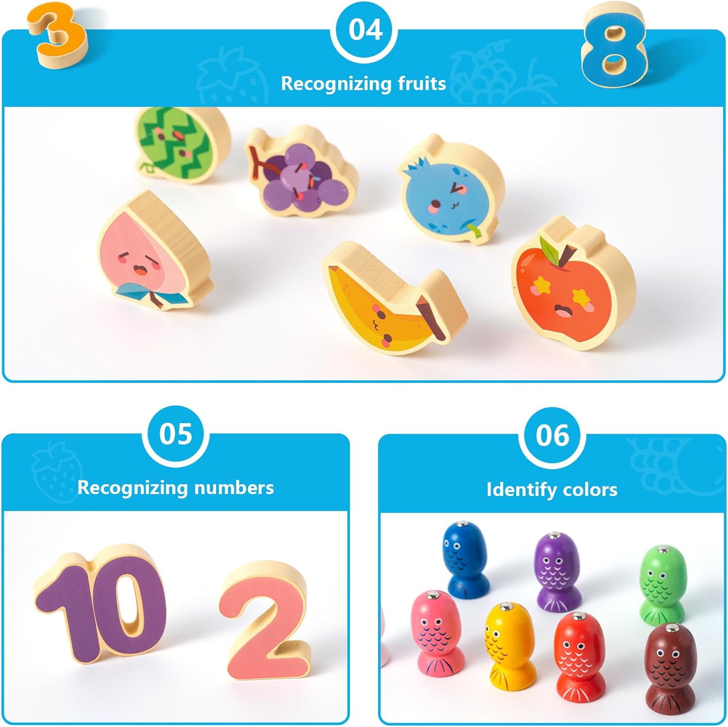 Miosea Learning Toys for Kids Includes Wooden Magnetic Fishing Game Shape Sorter Shapes Puzzle Counting Math
