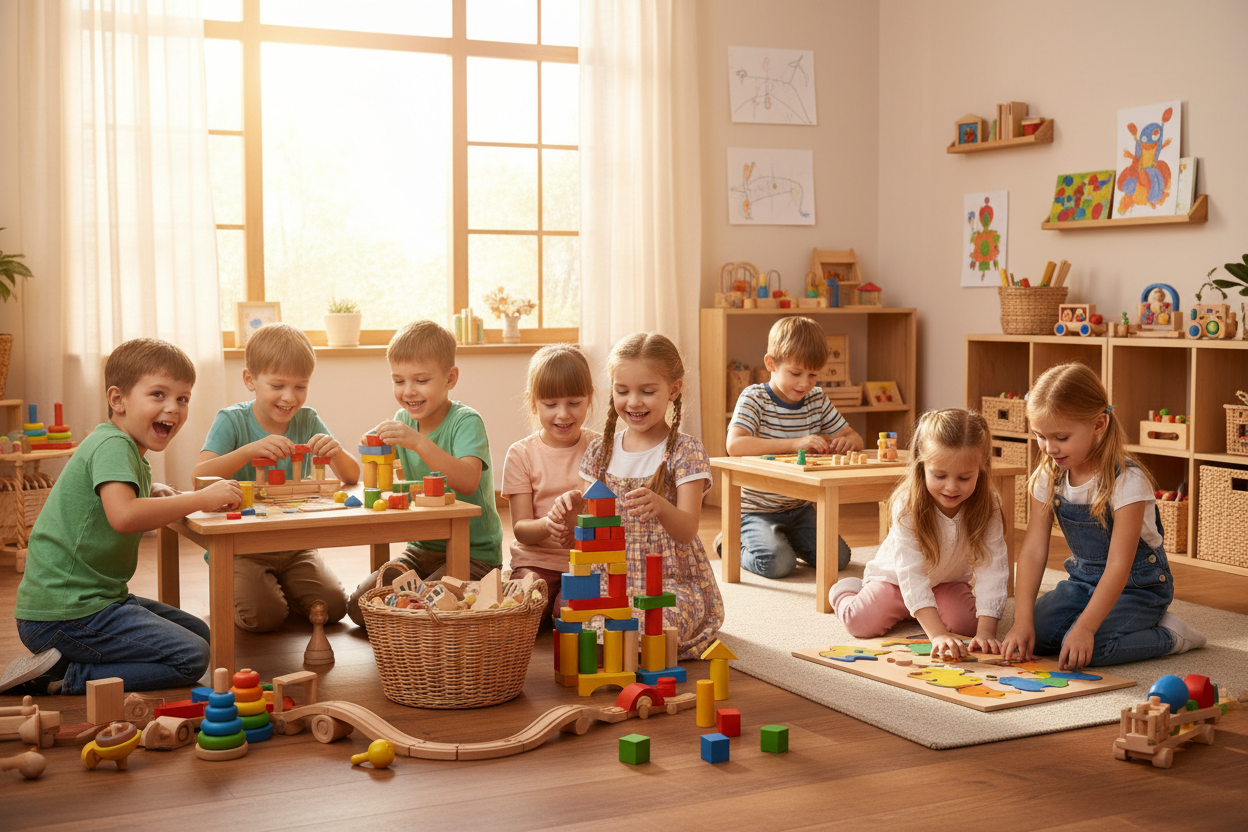 boys and girls playing wooden games