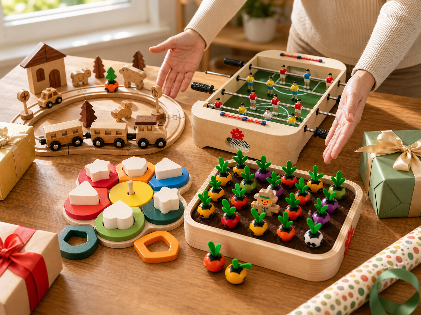 Miosea wooden train set, stacking puzzle, carrot harvest game, and tabletop soccer arranged as gift ideas
