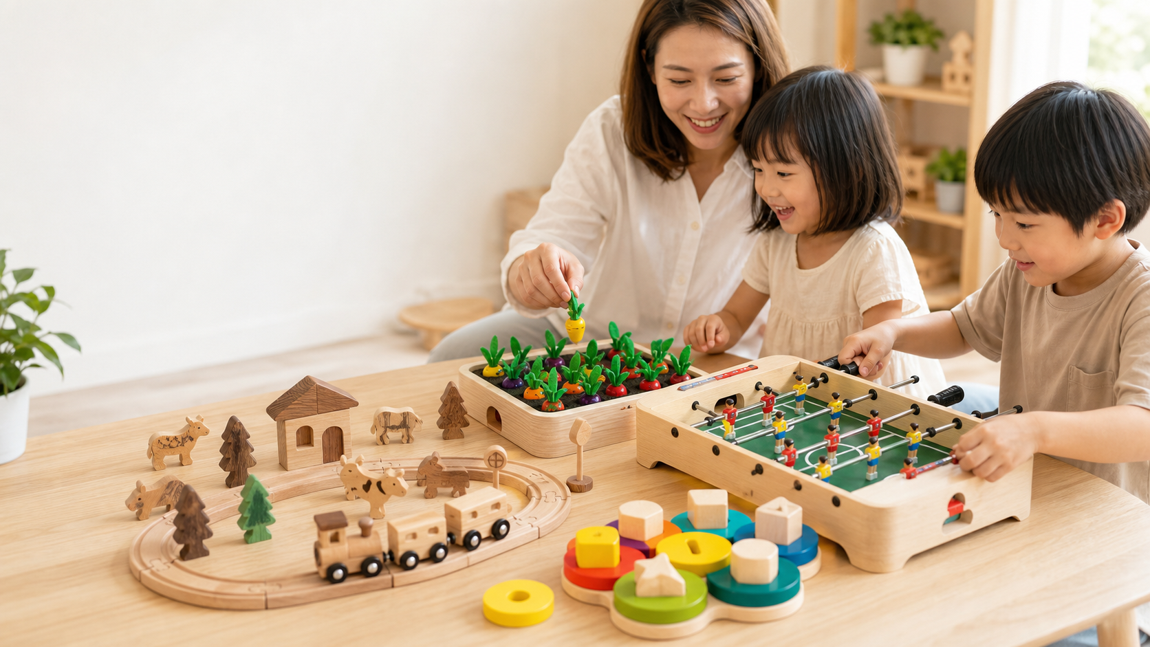 Family playing with Miosea wooden train set, carrot harvest game, stacking puzzle, and tabletop soccer