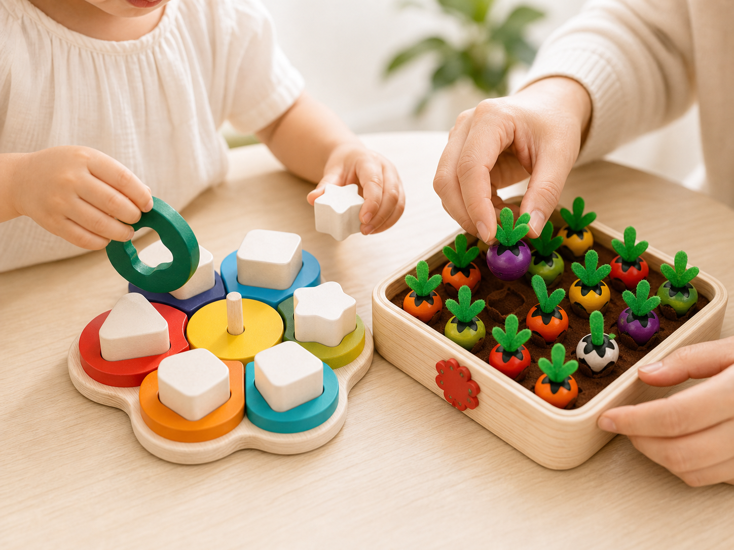Hands playing with Miosea wooden stacking puzzle and carrot harvest game for early learning