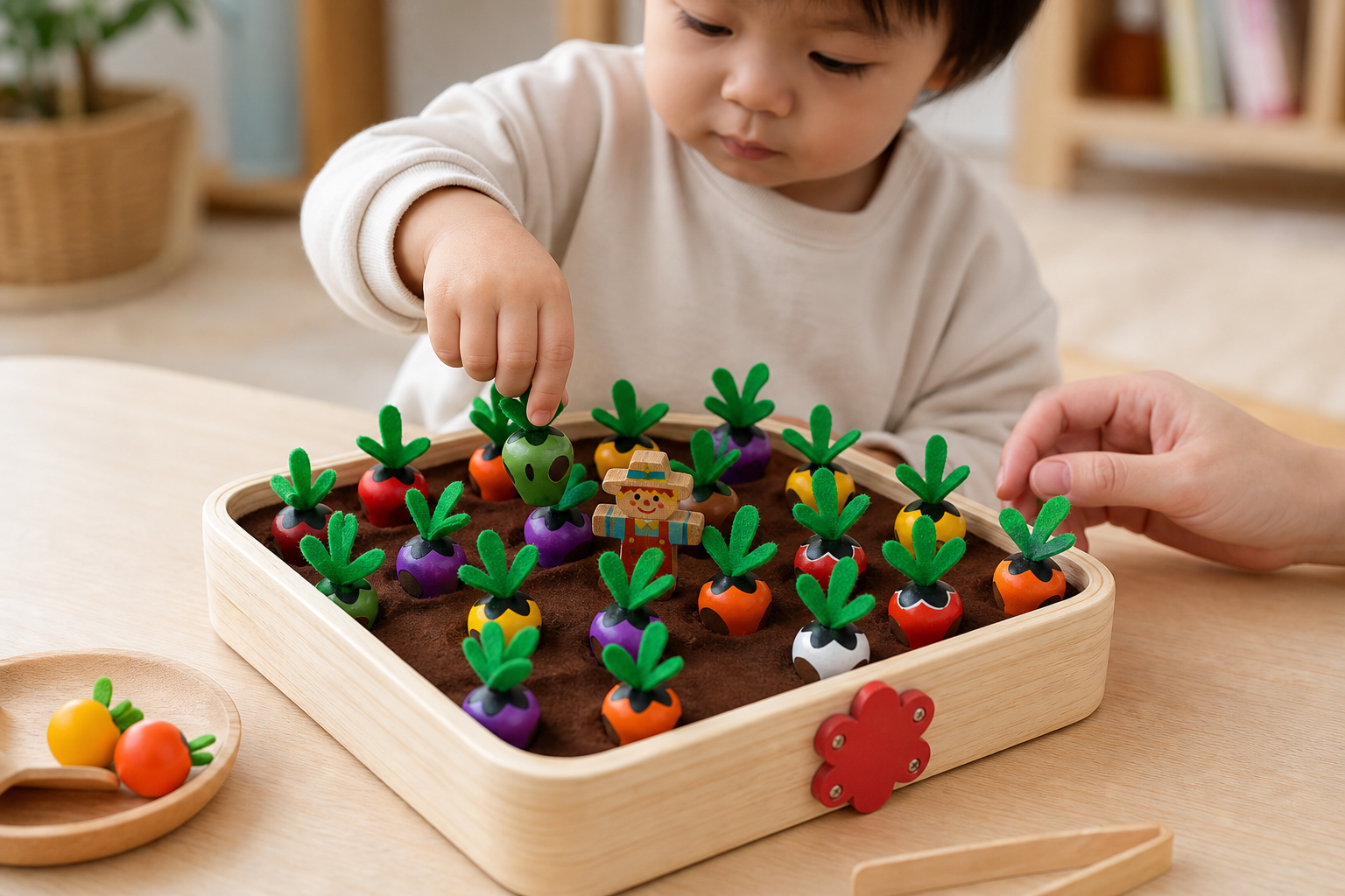 A toddler playing with the Miosea Montessori carrot harvest game