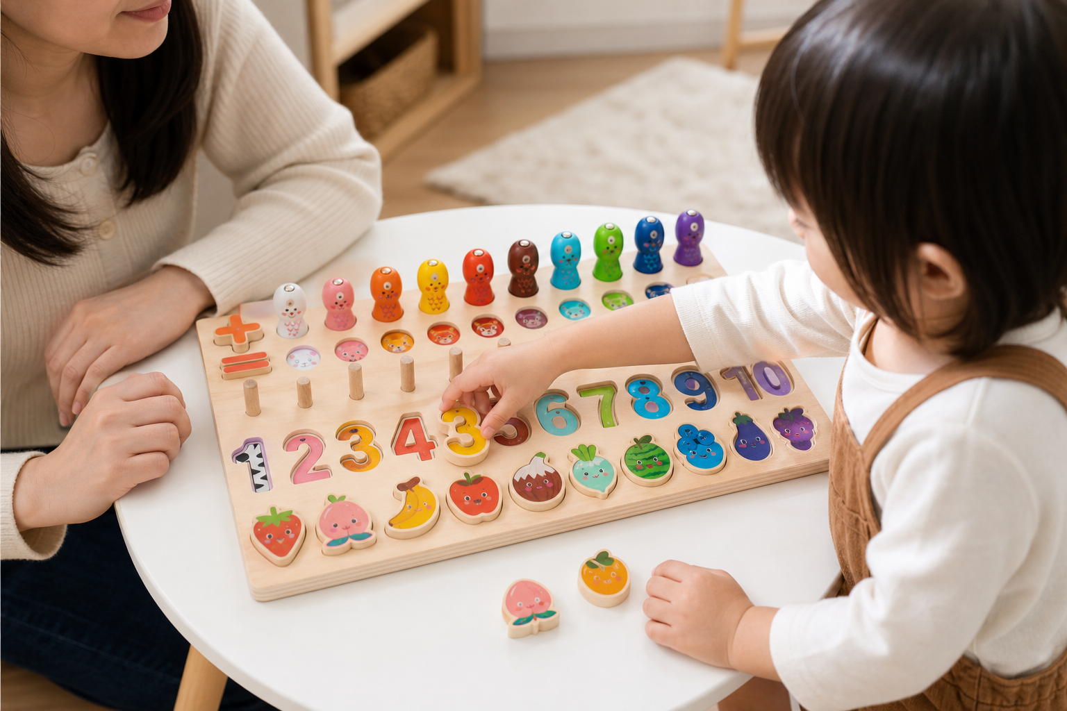 A child using a Miosea wooden learning board with number and fruit pieces