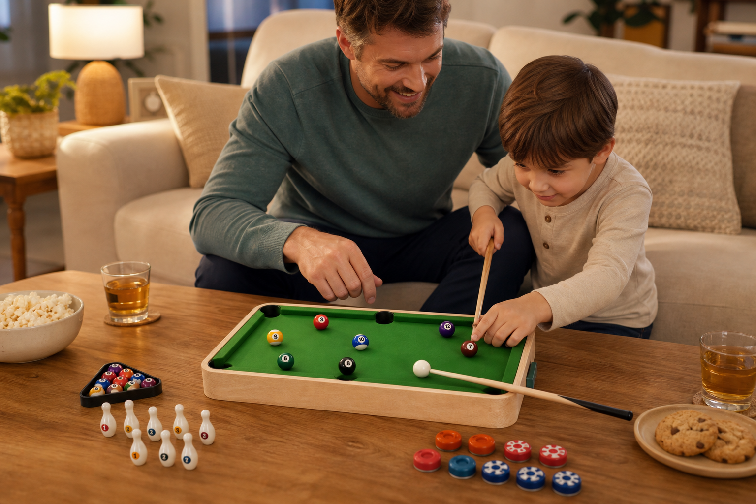 A parent and child playing a Miosea wooden tabletop game together
