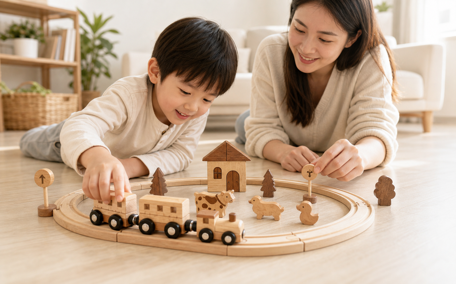 A child and parent playing with a Miosea wooden train set at home